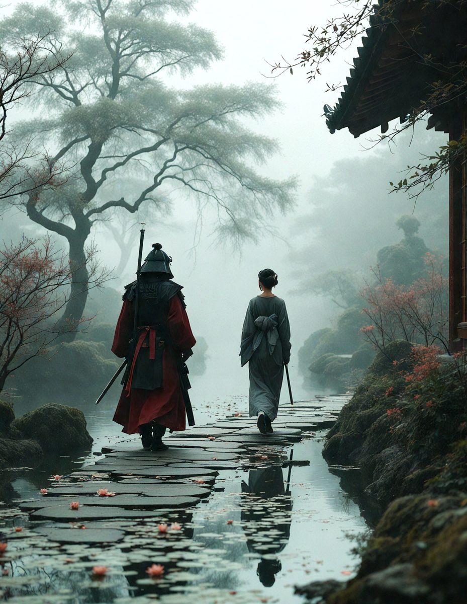 The primary subject of the image is a man and a woman dressed in traditional Asian clothing, walking together on a path. They are surrounded by a forest, with trees and bushes visible in the background. The visual style of the image is a black and white photo, giving it a classic and timeless feel. The colors and mood of the image are predominantly dark and moody, with the foggy atmosphere adding to the overall ambiance.